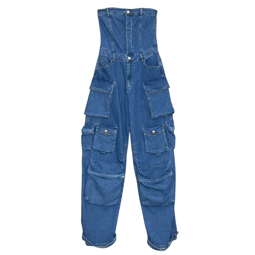Hip Hop Womens Jumpsuit L Blue Denim Strapless‎ Cargo Pockets  Retro Streetwear - Picture 2 of 14